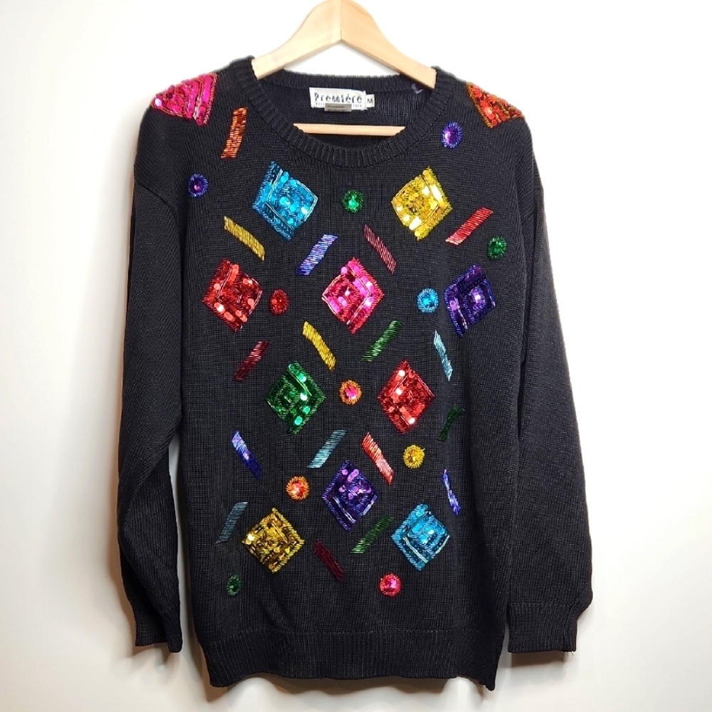 Premiere Sequin Beads Multicolor Black Knit Long Sleeve Sweater Y2K - Size M
